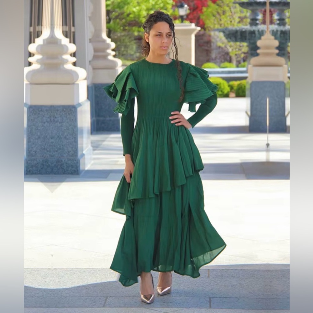 Oh So Modest Green Ruffle Dress